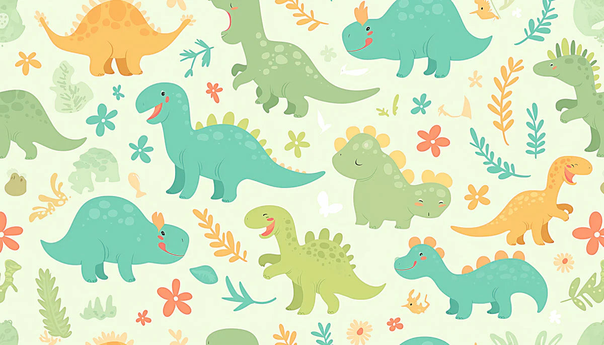 Cute Dinosaur Pattern Mural Wallpaper Green Orange Blue and White Dinosaur Mural Wallpaper - room preview 02