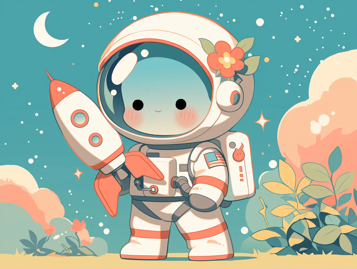 Cute Astronaut with Rocket Mural Wallpaper Blue Orange White and Pink Astronaut Mural Wallpaper - room preview 02
