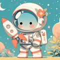 Cute Astronaut with Rocket Mural Wallpaper Blue Orange White and Pink Astronaut Mural Wallpaper - room preview 02