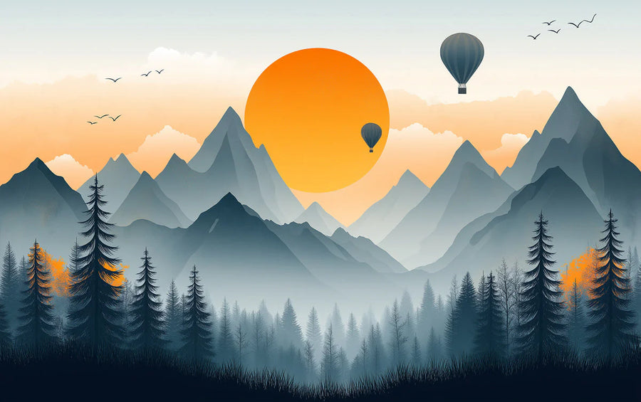 Sunset Wallpaper Mural – Golden Hour Wall Mural – Mountain Sunset with Hot Air Balloons Orange Blue Gray and Green Mountain printable artwork