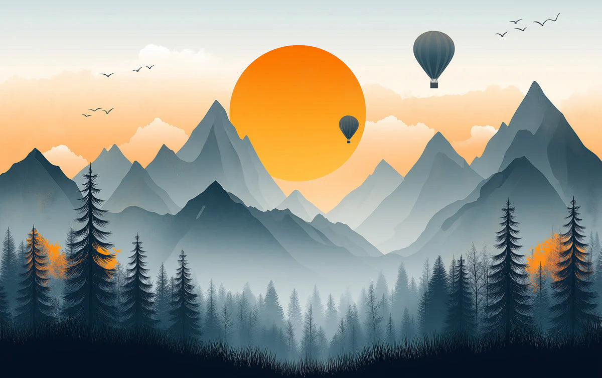 Mountain Sunset with Hot Air Balloons Mural Wallpaper Orange Blue Gray and Green Mountain Mural Wallpaper - room preview 02