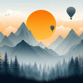 Mountain Sunset with Hot Air Balloons Mural Wallpaper Orange Blue Gray and Green Mountain Mural Wallpaper - room preview 02