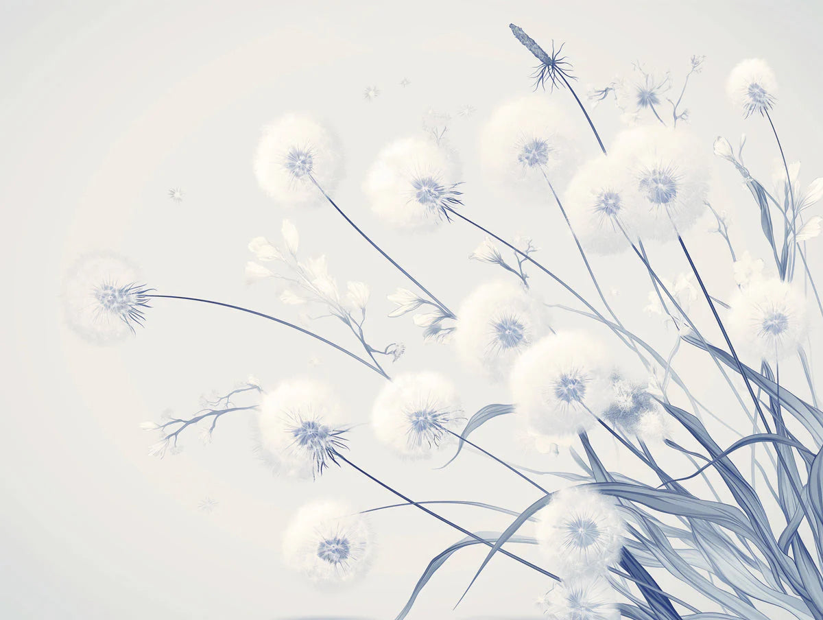 Dandelion and Dragonfly Mural Wallpaper for a Reading room White Blue and Light Gray Dandelion Mural Wallpaper - room preview 02