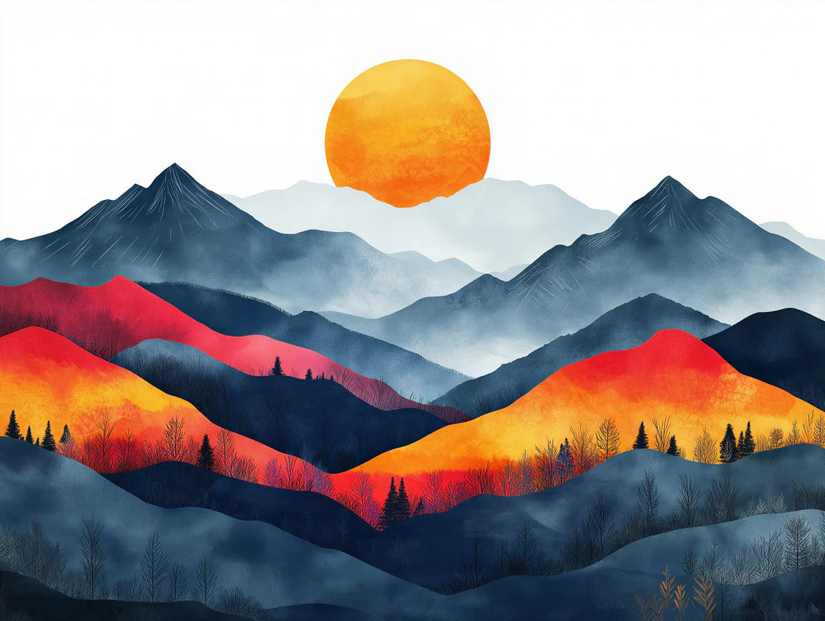 Mountain Sunset Mural Wallpaper for a Study Orange Red Blue and Gray Sunset Mural Wallpaper - room preview 02