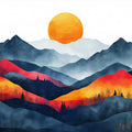 Mountain Sunset Mural Wallpaper for a Study Orange Red Blue and Gray Sunset Mural Wallpaper - room preview 02