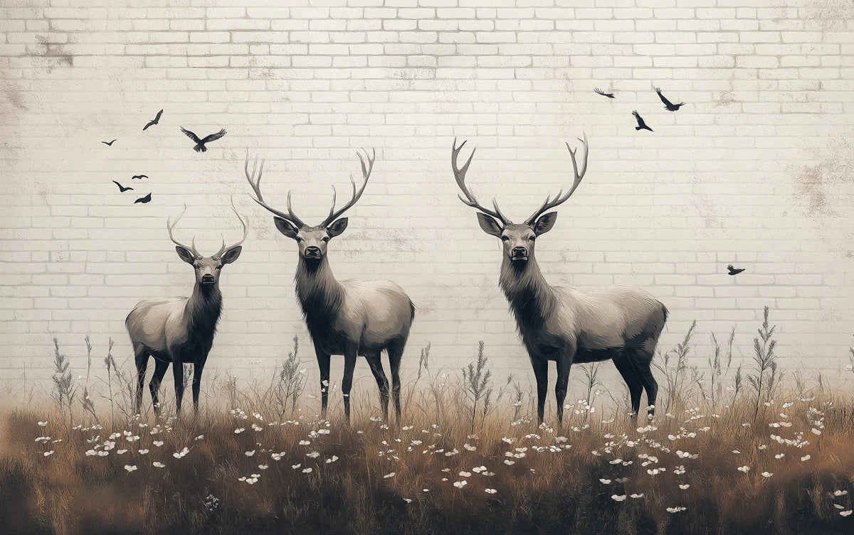 Deer in Field with Brick Wall Mural Wallpaper Beige Brown Black and White Deer Mural Wallpaper - room preview 02