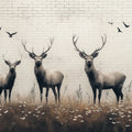 Deer in Field with Brick Wall Mural Wallpaper Beige Brown Black and White Deer Mural Wallpaper - room preview 02