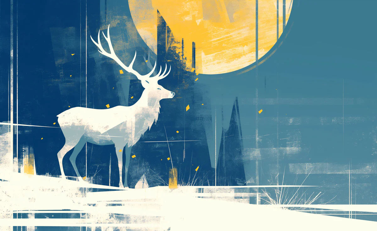 Deer and Moon Mural Wallpaper Blue Yellow and White Deer Mural Wallpaper - room preview 02