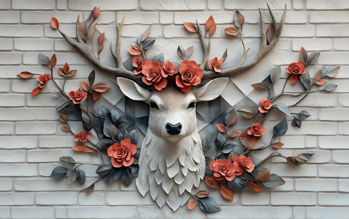 Deer Head with Roses Mural Wallpaper White Gray Red and Brown Deer Mural Wallpaper - room preview 02
