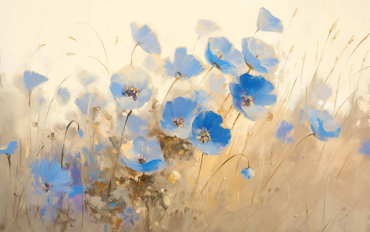 Blue Flower Field Mural Wallpaper Blue Beige and Brown Flower Mural Wallpaper - room preview 02