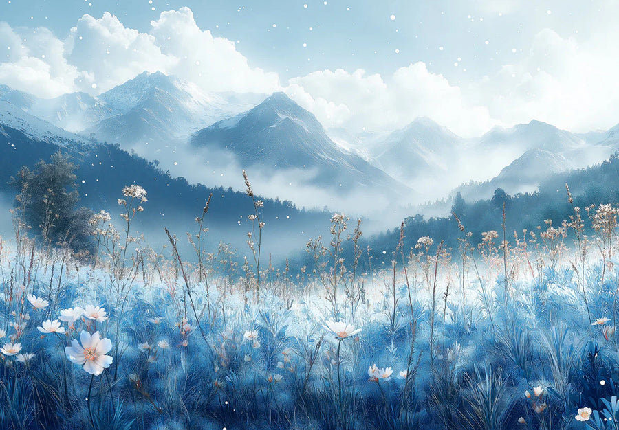 Landscape Wallpaper Mural – Scenery Wall Mural for living room – Winter Mountain and Meadow Blue White and Gray Mountain printable artwork