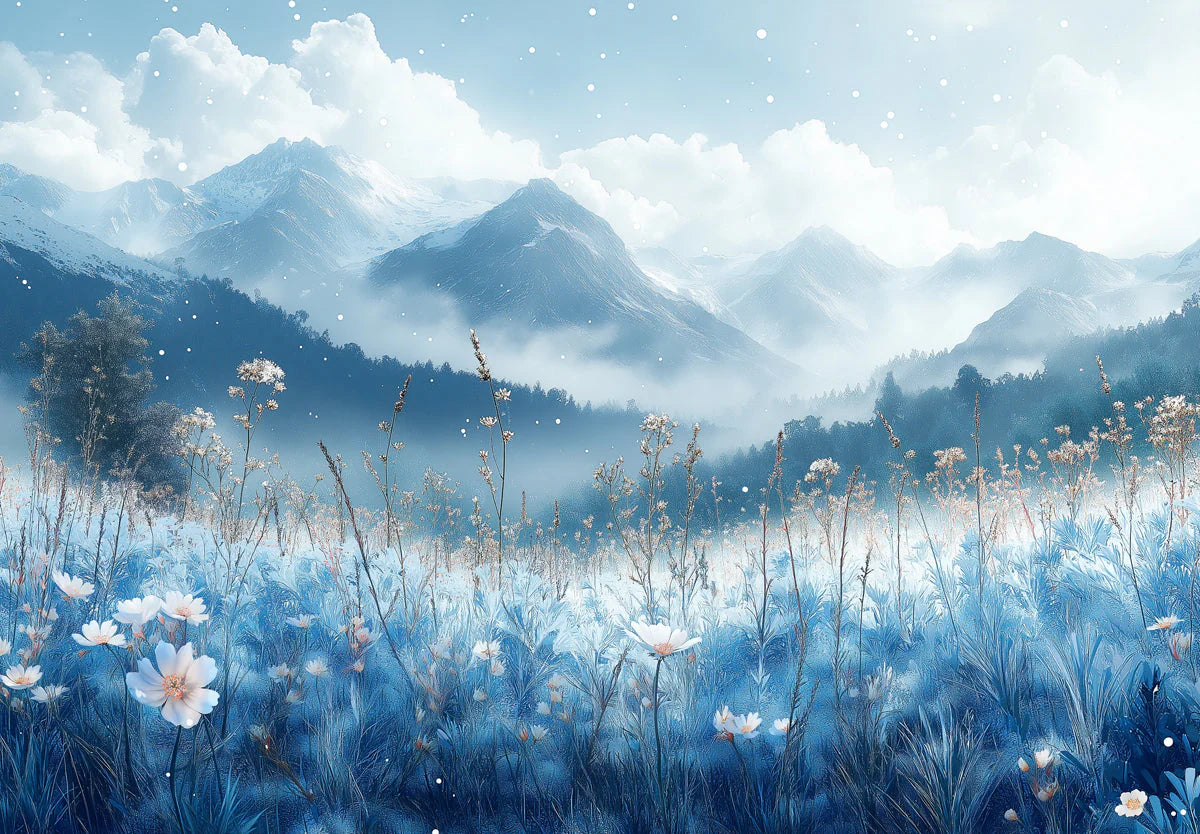 Winter Mountain and Meadow Mural Wallpaper for a living room Blue White and Gray Mountain Mural Wallpaper - room preview 02