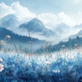 Winter Mountain and Meadow Mural Wallpaper for a living room Blue White and Gray Mountain Mural Wallpaper - room preview 02