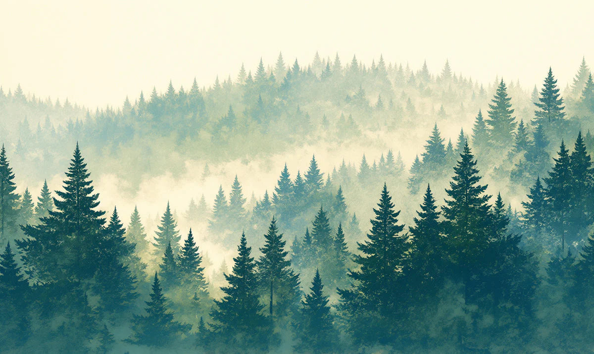 Misty Forest Mural Wallpaper Green Blue and Beige Forest Mural Wallpaper - room preview 02
