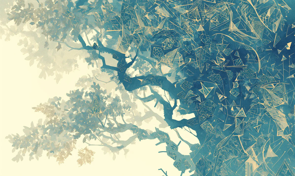 Abstract Tree with Geometric Details Mural Wallpaper Blue Green and Beige Mural Wallpaper - room preview 02