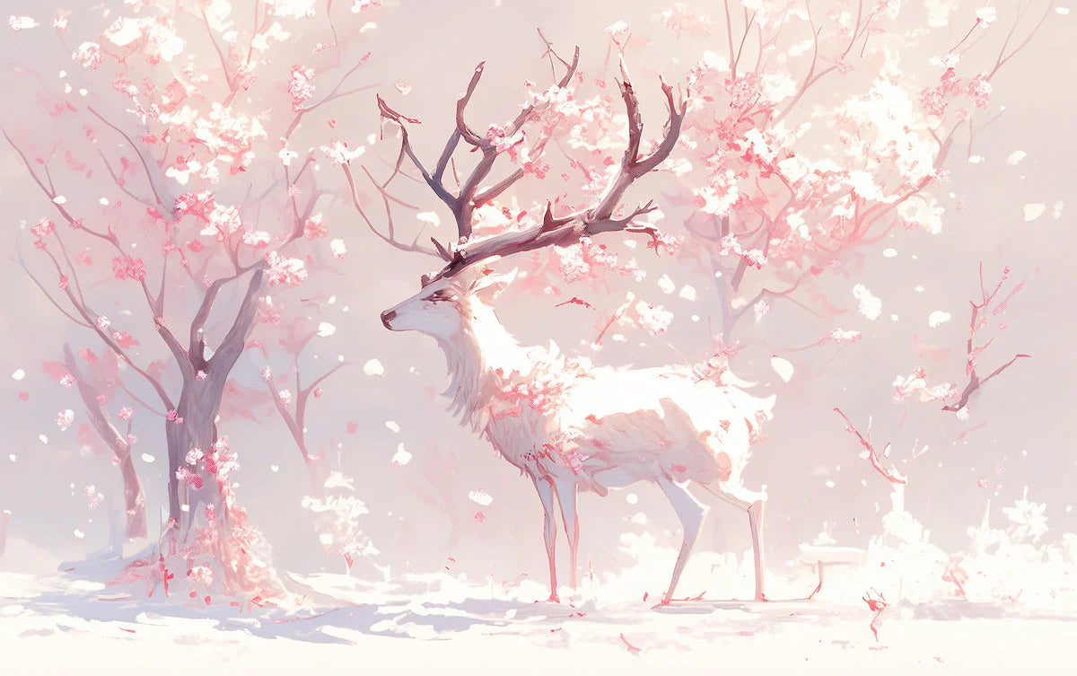 Pink Blossom and Deer Mural Wallpaper Pink White and Light Brown Deer Mural Wallpaper - room preview 02
