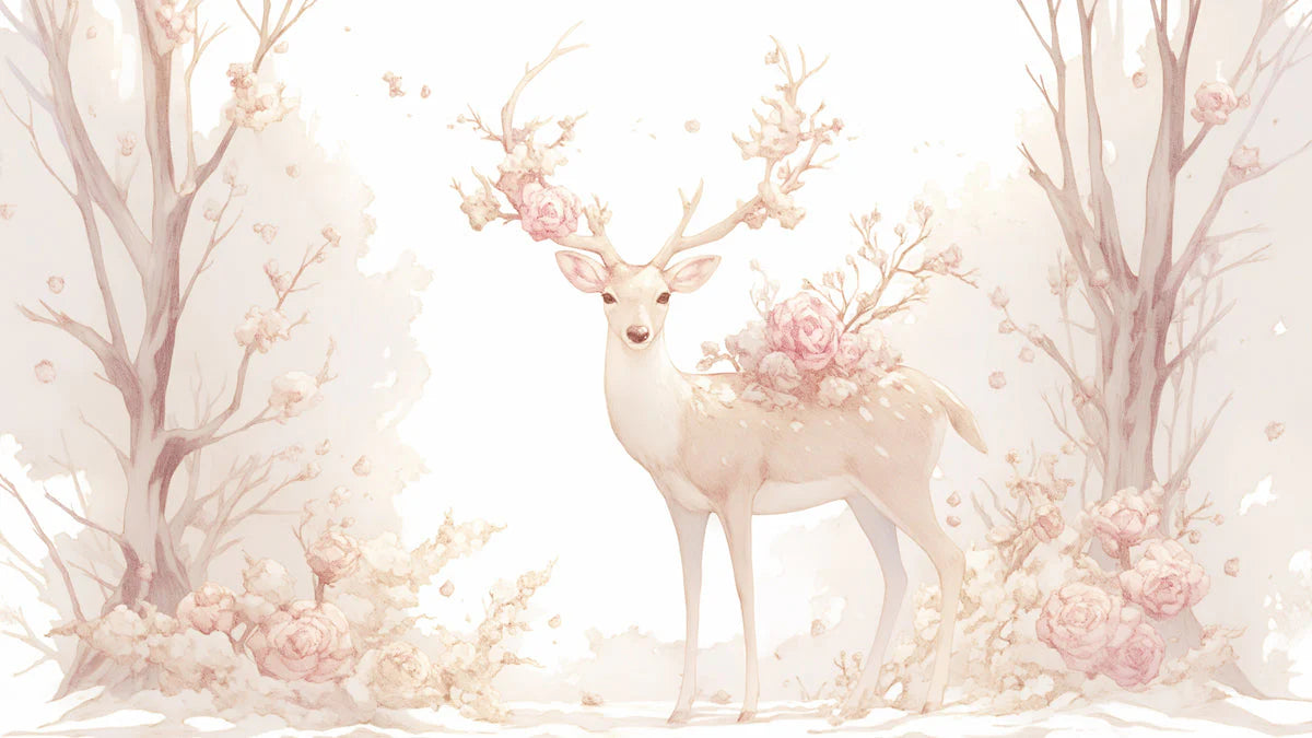 Deer with Floral Antlers Mural Wallpaper Beige Pink and Light Brown Deer Mural Wallpaper - room preview 02