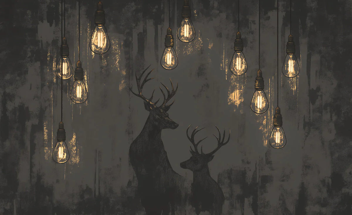 Dark Industrial Deer and Bulb Mural Wallpaper Black Brown and Gold Deer Mural Wallpaper - room preview 02
