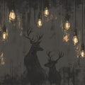 Dark Industrial Deer and Bulb Mural Wallpaper Black Brown and Gold Deer Mural Wallpaper - room preview 02