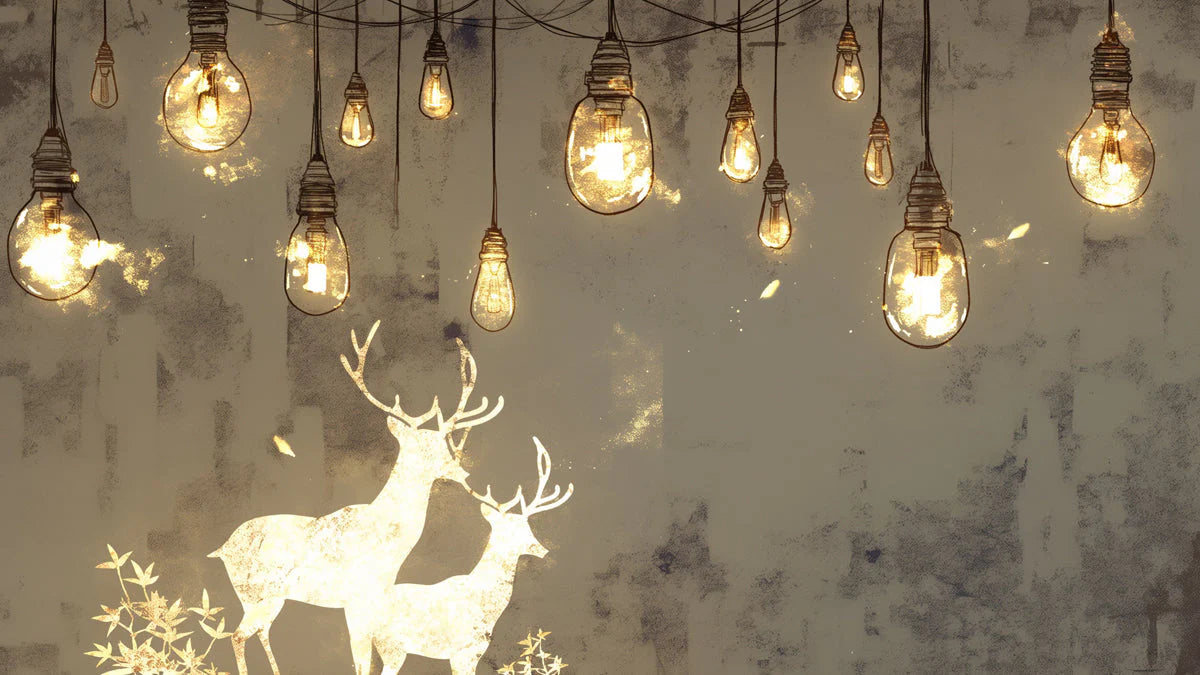 Vintage Deer and Bulb Mural Wallpaper Beige Brown and Gold Deer Mural Wallpaper - room preview 02