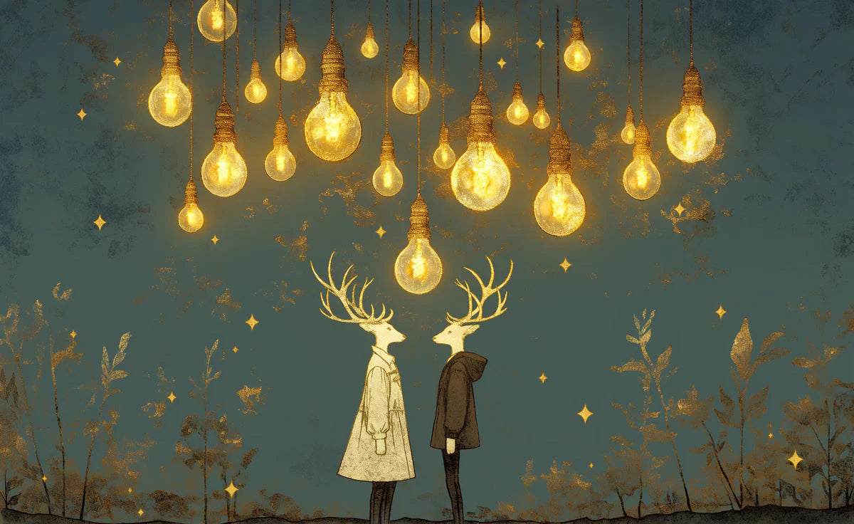 Golden Bulb and Deer Mural Wallpaper Teal Gold and Brown Deer Mural Wallpaper - room preview 02