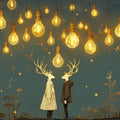 Golden Bulb and Deer Mural Wallpaper Teal Gold and Brown Deer Mural Wallpaper - room preview 02