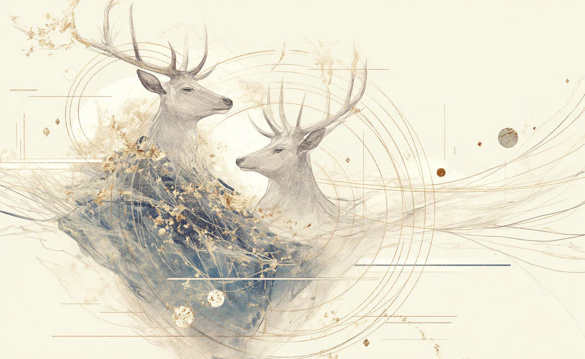 Abstract Deer and Geometric Mural Wallpaper Beige Blue and Gold Mural Wallpaper - room preview 02