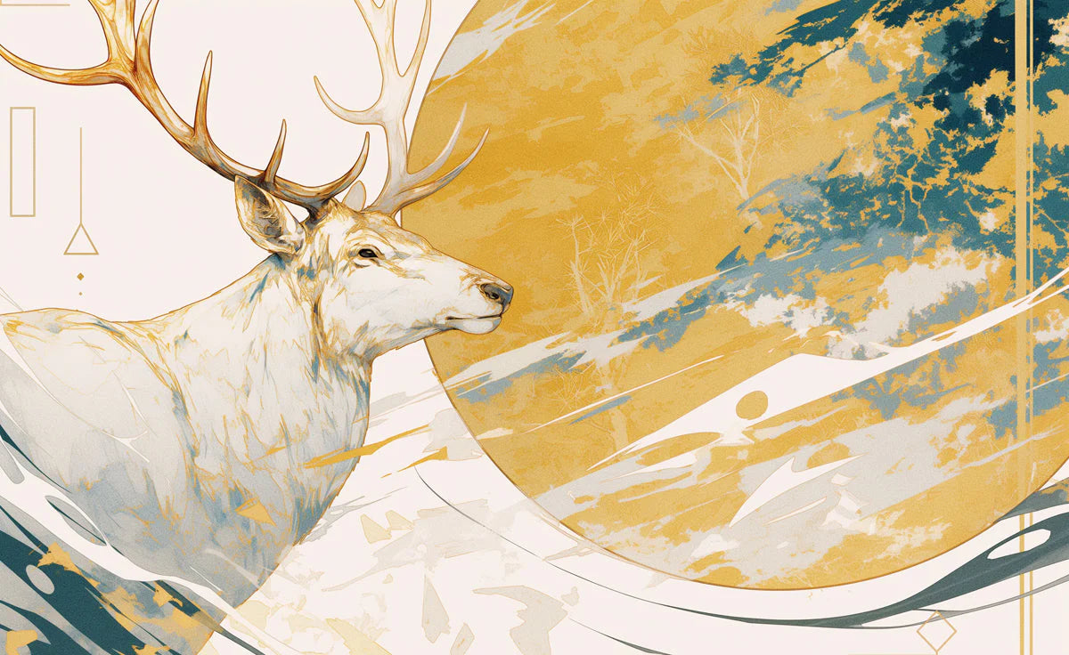 Yellow and Blue Deer Mural Wallpaper Yellow Blue and White Deer Mural Wallpaper - room preview 02