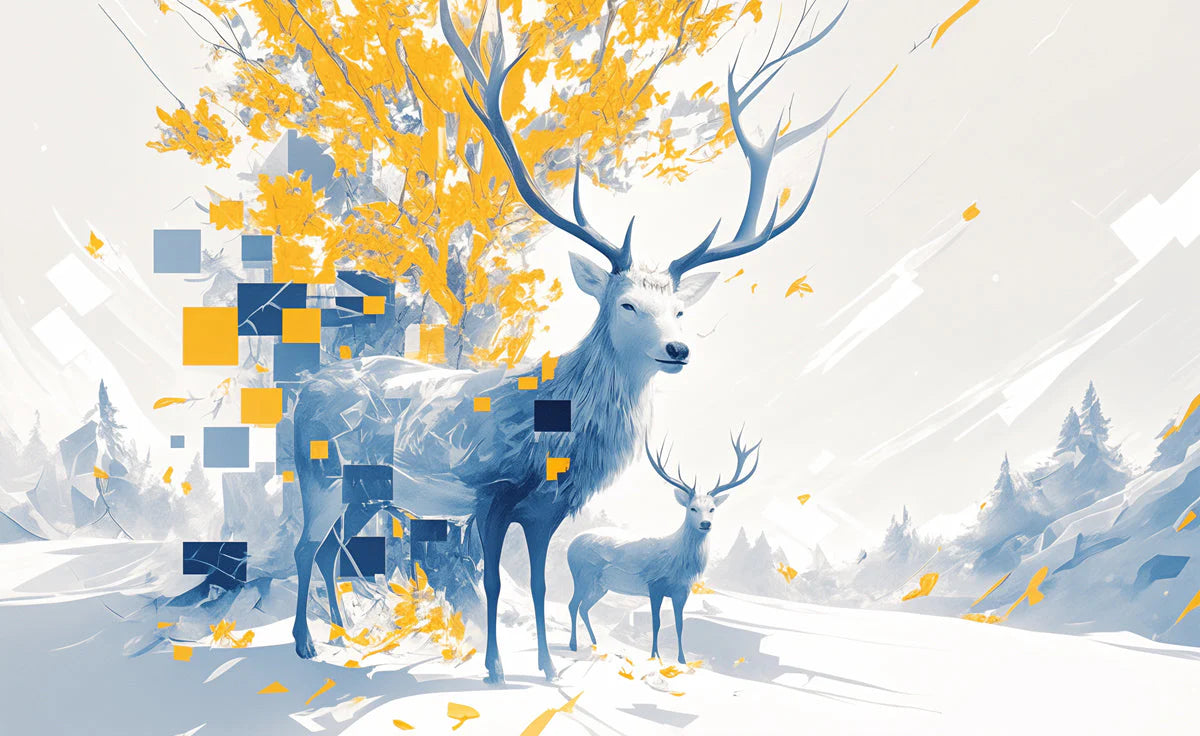 Blue Deer with Yellow and Blue Geometric Mural Wallpaper Blue Yellow and White Mural Wallpaper - room preview 02