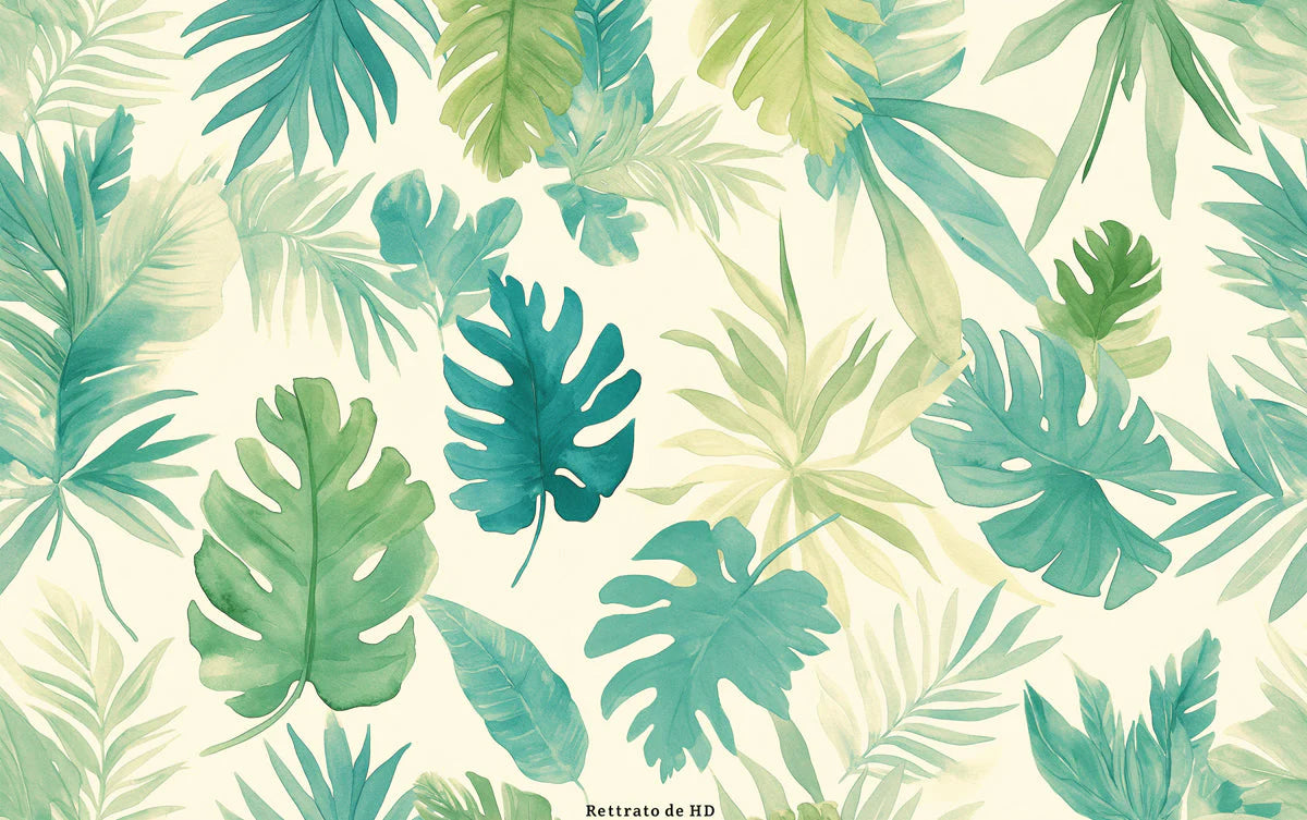 Tropical Leaf Mural Wallpaper Green Blue and Beige Leaves Mural Wallpaper - room preview 02