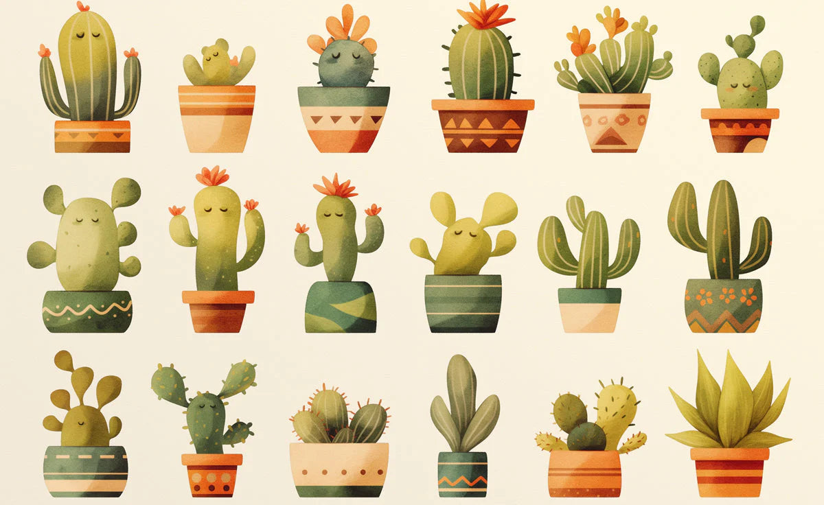 Cute Cactus Pattern Mural Wallpaper Green Orange and Beige Cactus Mural Wallpaper - room preview 02