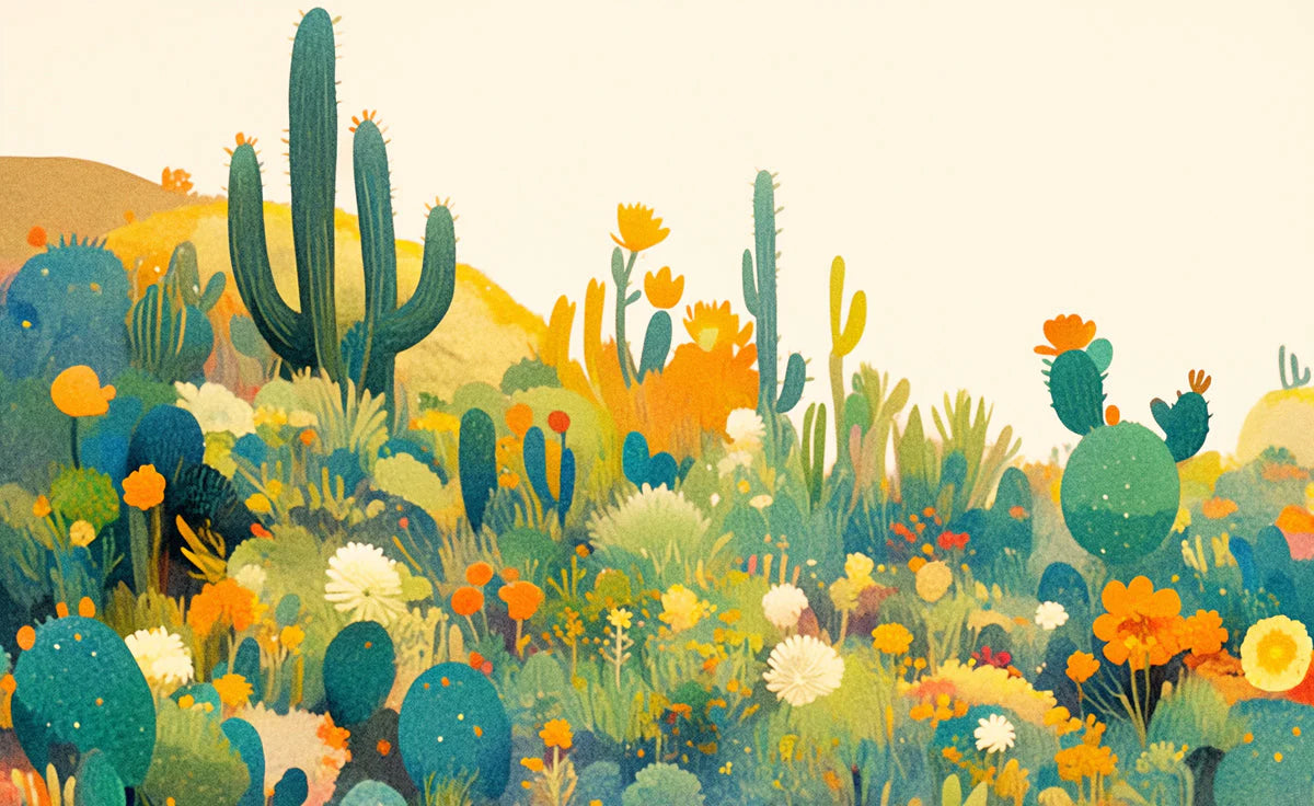 Colorful Desert Cactus Mural Wallpaper Green Yellow Blue and Orange Cactus Mural Wallpaper - room preview 02