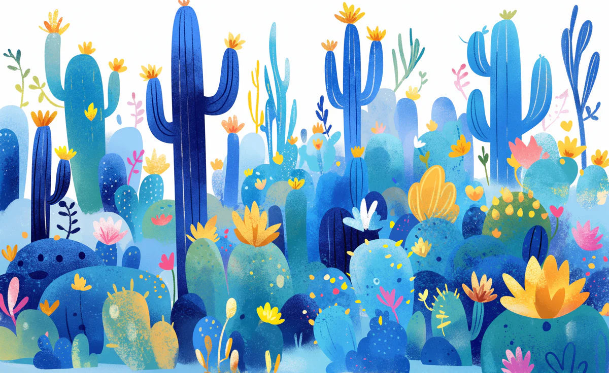 Blue Desert Cactus Mural Wallpaper Blue Yellow and Green Cactus Mural Wallpaper - room preview 02