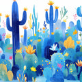 Blue Desert Cactus Mural Wallpaper Blue Yellow and Green Cactus Mural Wallpaper - room preview 02