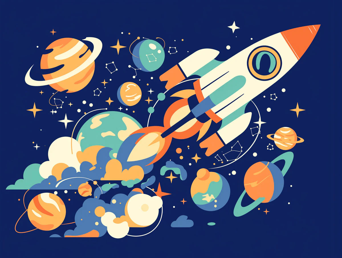 Space Rocket and Planets Mural Wallpaper Blue Orange Yellow and White Rocket and Planets Mural Wallpaper - room preview 02