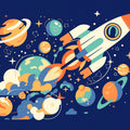 Space Rocket and Planets Mural Wallpaper Blue Orange Yellow and White Rocket and Planets Mural Wallpaper - room preview 02
