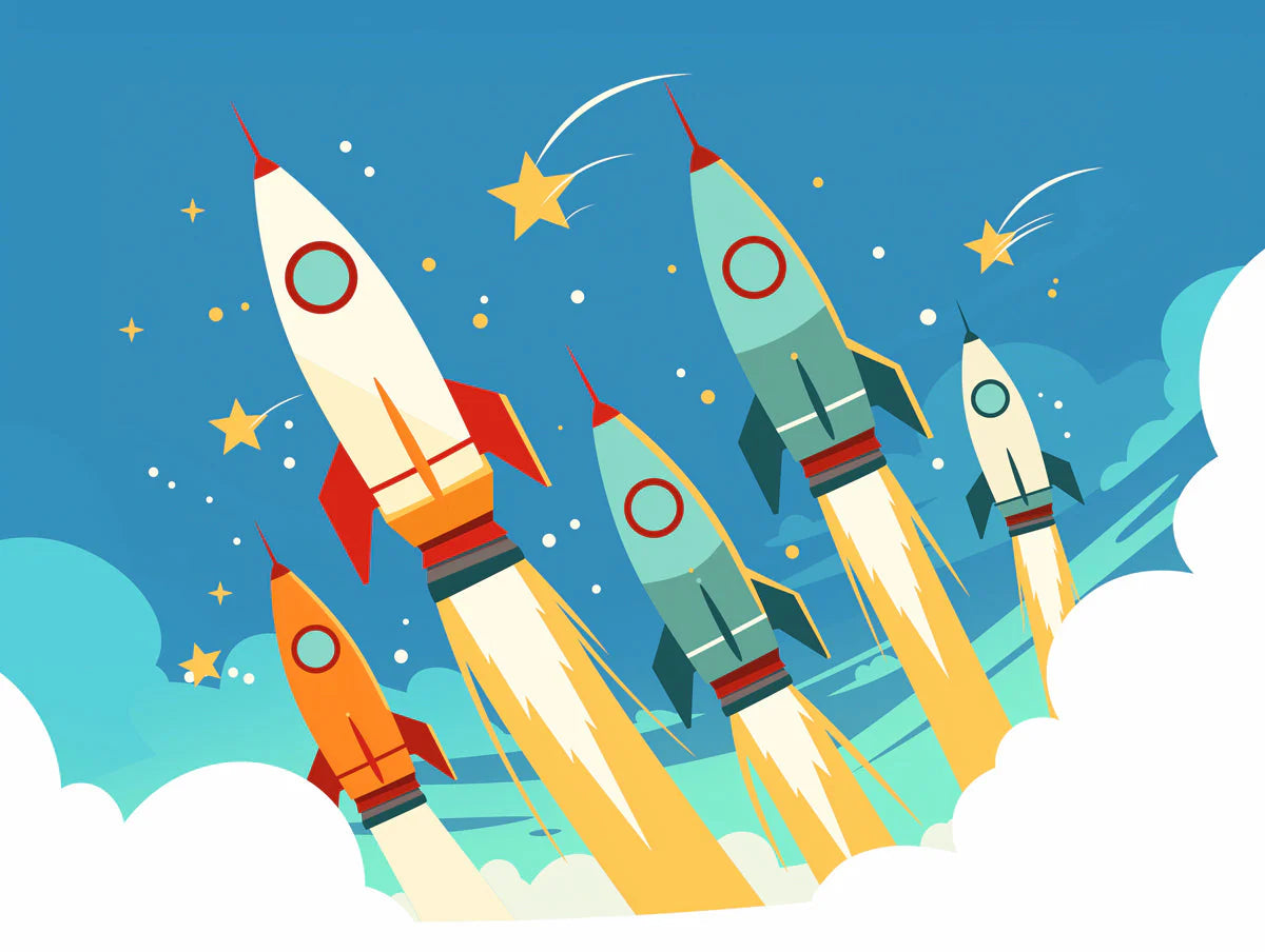 Multiple Rockets Mural Wallpaper Blue Orange Yellow and Green Rockets Mural Wallpaper - room preview 02