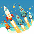 Multiple Rockets Mural Wallpaper Blue Orange Yellow and Green Rockets Mural Wallpaper - room preview 02
