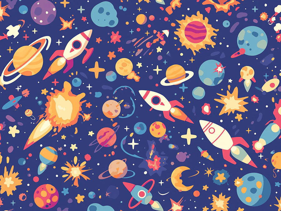 Rocket Wallpaper Mural – Space Wall Mural – Space Elements Blue Purple Orange Yellow and White Space printable artwork