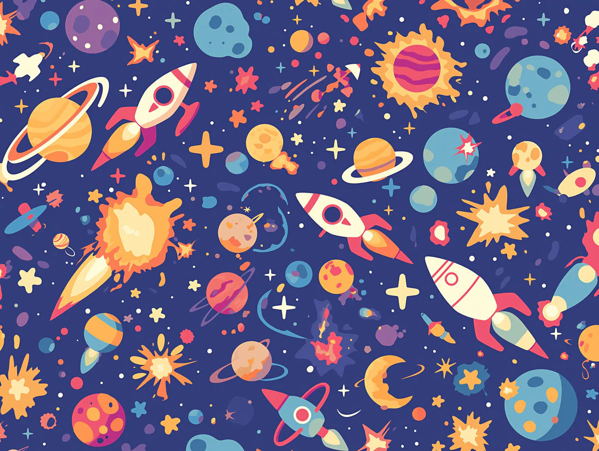 Space Elements Mural Wallpaper Blue Purple Orange Yellow and White Space Mural Wallpaper - room preview 02