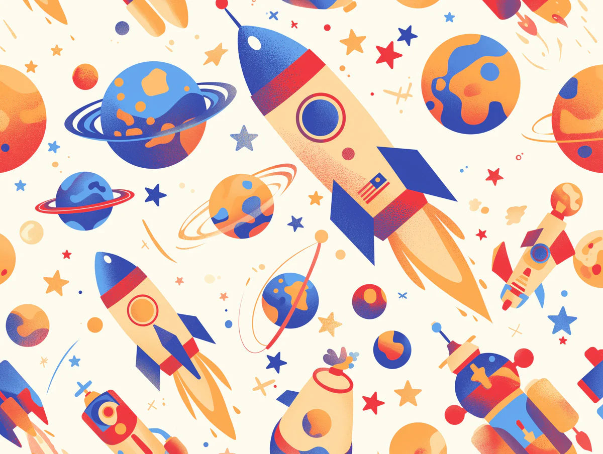 Space Rocket and Planets Pattern Mural Wallpaper Blue Orange Yellow and Red Rocket and Planet Mural Wallpaper - room preview 02