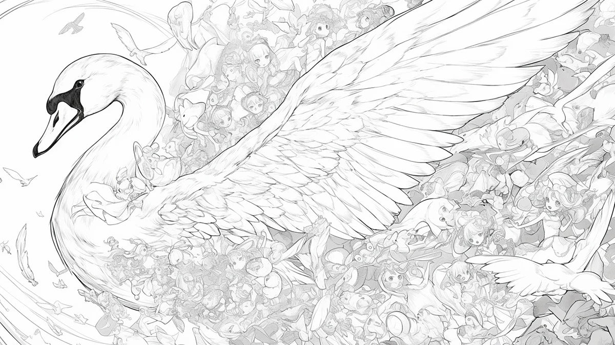 Swan and Fantasy Elements Mural Wallpaper Black, White and Gray Swan Mural Wallpaper - room preview 02