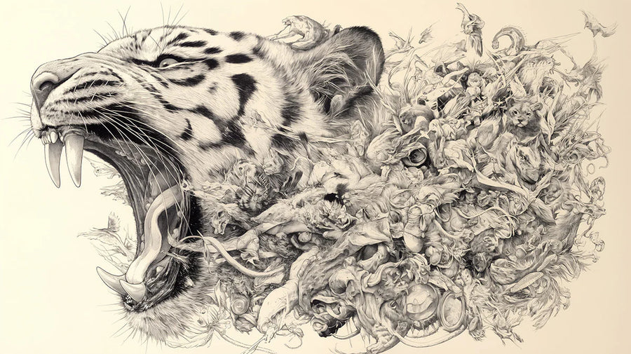 Tiger und aufwendige Szene Wandtapete Schwarz, Weiß und Beige Tiger -1 Wandtapete printable artwork