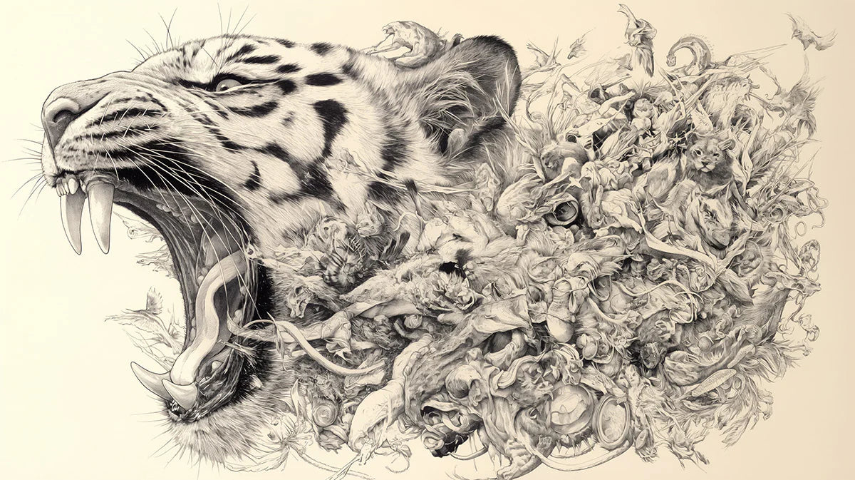 Tiger and Intricate Scene Mural Wallpaper Black, White and Beige tiger -1 Mural Wallpaper - room preview 02