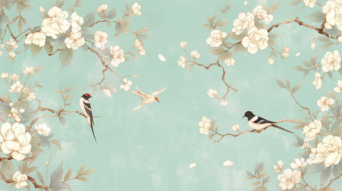 Bird and Flower Branch Mural Wallpaper for a reading room Green, White and Light Blue Mural Wallpaper - room preview 02