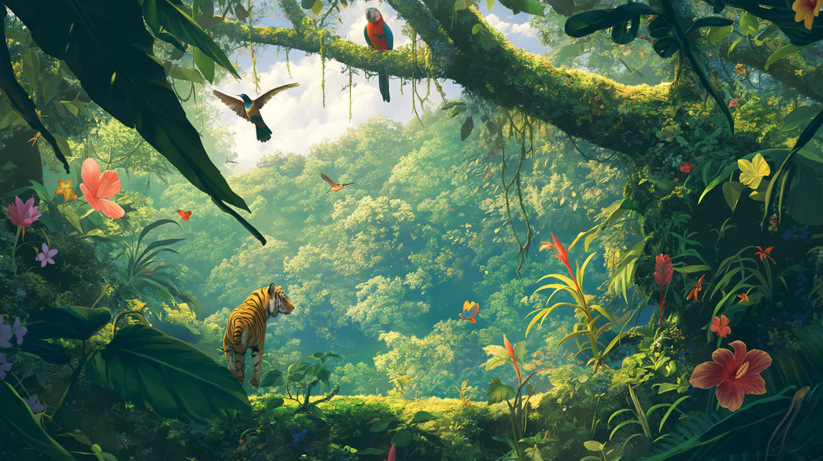 Tropical Jungle with Tiger Mural Wallpaper for a study room Green, Yellow and Blue Jungle Mural Wallpaper - room preview 02