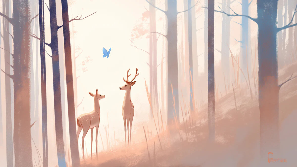 Vintage Deer in Forest Mural Wallpaper Brown, Yellow and Blue Deer -1 Mural Wallpaper - room preview 02