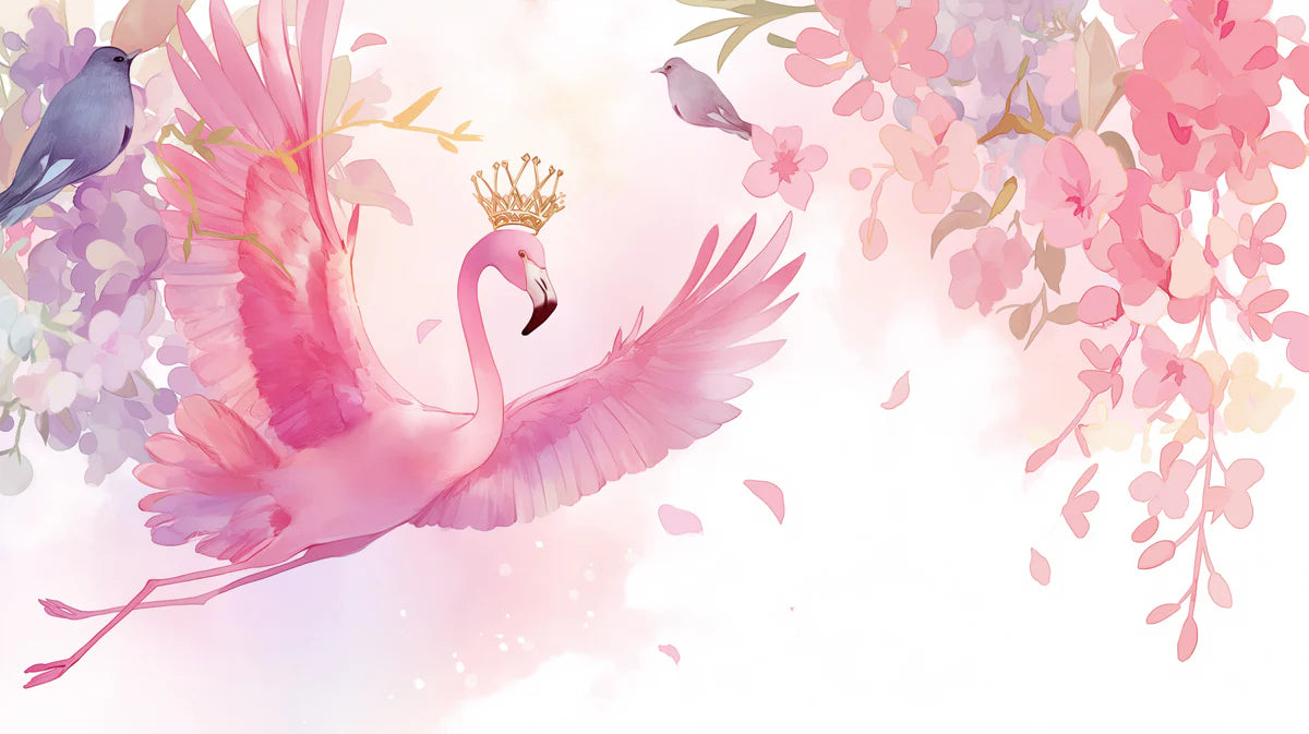 Pink Flamingo with Crown Mural Wallpaper for a study room Pink, Purple, Blue and White Flamingo Mural Wallpaper - room preview 02