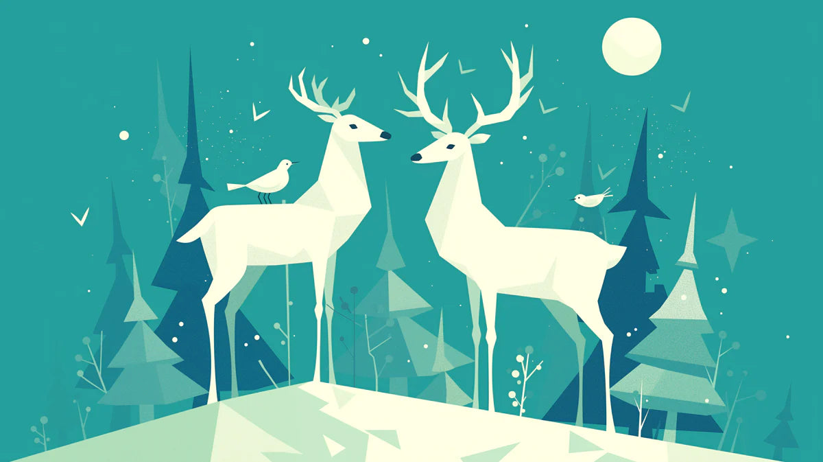 Teal Night Forest with Deer Mural Wallpaper Teal, White and Beige Deer -1 Mural Wallpaper - room preview 02