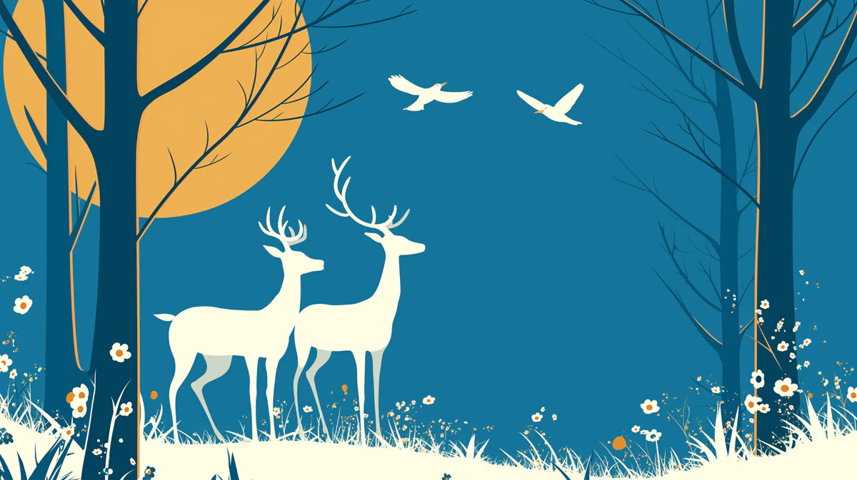 Teal Night Forest with Deer Mural Wallpaper Teal, White and Beige Deer -2 Mural Wallpaper - room preview 02